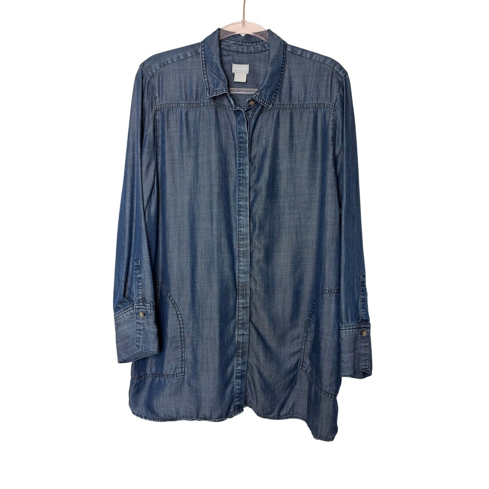 Chicos Button up Tunic Shirt Size 3 XL Blue Chambray Preppy Lyocell Boho